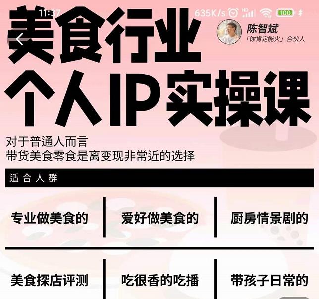 美食行业个人IP实操课,对于普通人而言,带货美食零食是离变现非常近的选择-风淘社