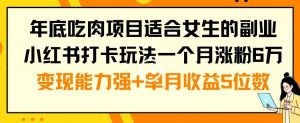 年底吃肉项目适合女生的副业小红书打卡玩法一个月涨粉6万+变现能力强+单月收益5位数【揭秘】-风淘社