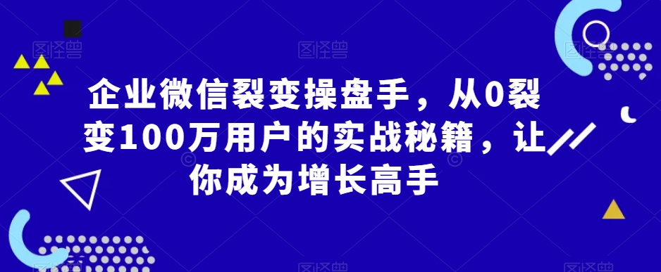 企业微信裂变操盘手,从0裂变100万用户的实战秘籍,让你成为增长高手-风淘社