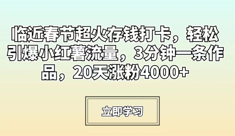 临近春节超火存钱打卡,轻松引爆小红薯流量,3分钟一条作品,20天涨粉4000+【揭秘】-风淘社