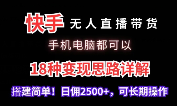 快手无人直播带货，手机电脑都可以，18种变现思路详解，搭建简单日佣2500+【揭秘】-风淘社
