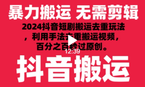 2024最新抖音搬运技术,抖音短剧视频去重,手法搬运,利用工具去重,达到秒过原创的效果【揭秘】-风淘社