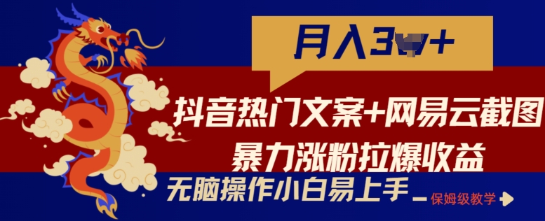 抖音热门文案+网易云截图暴力涨粉拉爆收益玩法，小白无脑操作，简单易上手【揭秘】-风淘社
