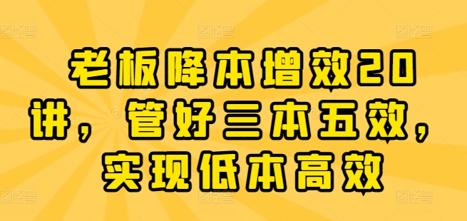 老板降本增效20讲,管好三本五效,实现低本高效-风淘社