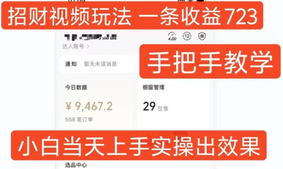 招财视频玩法,一条视频收益723,手把手教学,小白当天可上手-风淘社
