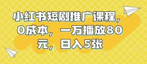 小红书短剧推广课程，0成本，一万播放80元，日入5张-风淘社