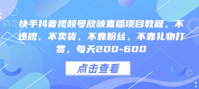 快手抖音视频号放映直播项目教程,不违规,不卖货,不靠粉丝,不靠礼物打赏,每天200-600-风淘社