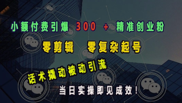 小额付费引爆 300 + 精准创业粉,零剪辑、零复杂起号,话术撬动被动引流,当日实操即见成效-风淘社