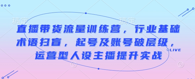 直播带货流量训练营,行业基础术语扫盲,起号及账号破层级,运营型人设主播提升实战-风淘社