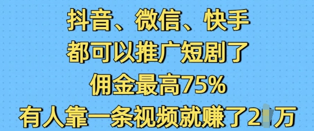 抖音微信快手都可以推广短剧了,佣金最高75%,有人靠一条视频就挣了2W-风淘社