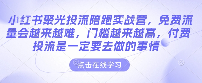 小红书聚光投流陪跑实战营,免费流量会越来越难,门槛越来越高,付费投流是一定要去做的事情-风淘社