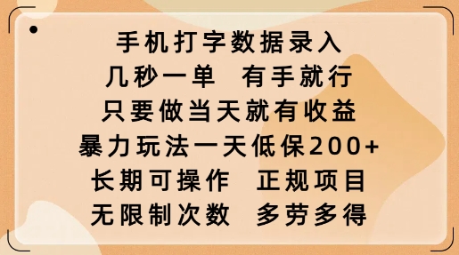 手机打字数据录入,几秒一单,有手就行,只要做当天就有收益,暴力玩法一天低保2张-风淘社