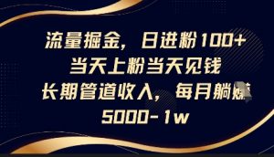 流量掘金,日进粉100+,当天上粉当天见钱,长期管道收入,每月躺挣5k-风淘社