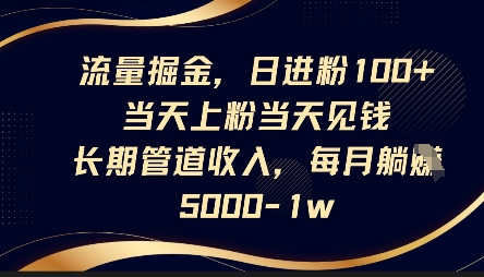 流量掘金,日进粉100+,当天上粉当天见钱,长期管道收入,每月躺挣5k-风淘社