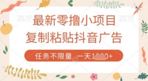 最新零撸小项目，复制粘贴抖音广告即可挣钱，平台大水，任务不限量，一天数张【揭秘】-风淘社
