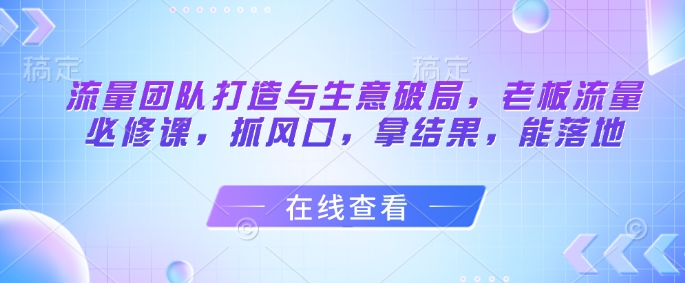 流量团队打造与生意破局,老板流量必修课,抓风口,拿结果,能落地-风淘社