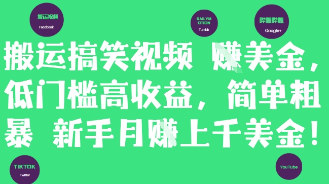 搬运搞笑视频挣美金，低门槛高收益，简单粗暴新手月入上千美刀-风淘社