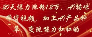 20天爆力涨粉1.2W，AI猫咪带货视频，加上AI产品种草，变现能力杠杠的-风淘社