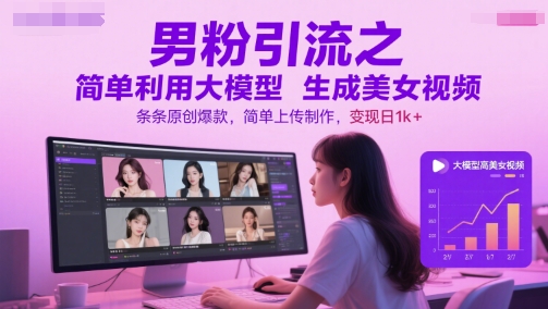 男粉引流之简单利用大模型生成美女视频，条条原创爆款，简单上传制作，变现日1k+-风淘社