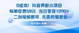 0成本，抖音男粉小项目 每单收费59元当日变现1k+ 二创视频即可无需剪辑基础-风淘社