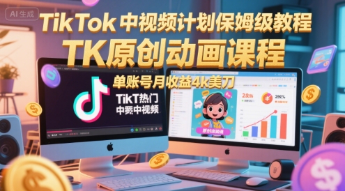 TikTok中视频计划保姆级教程,TK原创动画课程,单账号月收益4k美刀-风淘社