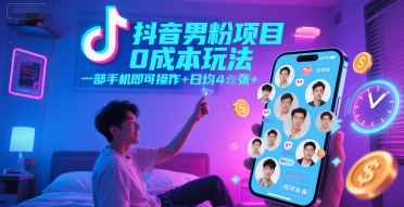 抖音男粉项目0成本玩法，一部手机即可操作，日均4张+，时间自由-风淘社