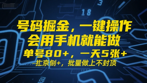 号码掘金,一键操作,会用手机就能做,单号80+,一天5张+,批量做上不封顶【揭秘】-风淘社