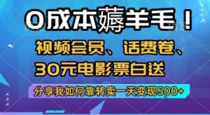 0成本薅羊毛!视频会员、话费卷、30元电影票白送，分享我如何靠转卖一天变现5张+【揭秘】-风淘社