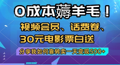 0成本薅羊毛!视频会员、话费卷、30元电影票白送，分享我如何靠转卖一天变现5张+【揭秘】-风淘社