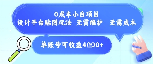 0成本小白项目，设计平台贴图玩法，无需维护，无需成本，单账号单月可产生收益4k+-风淘社