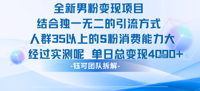 全新男粉变现项目引流人群35以上的男粉消费能力大 经过实测单日变现1k+-风淘社
