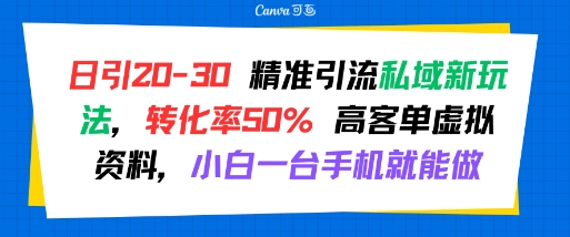 日引 20-30 精准引流私域新玩法，转化率50% 高客单虚拟资料，小白一台手机就能做-风淘社