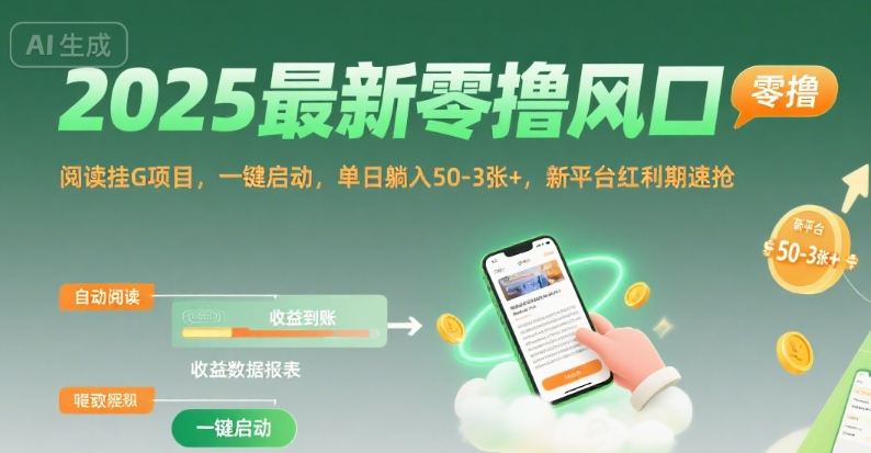2025最新零撸风口，阅读挂G项目，一键启动，单日躺入 50-3张+，新平台红利期速抢【揭秘】-风淘社