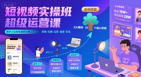 短视频实操班超级运营课,新手小白到短视频大神必修课程,剪辑-拍摄-运营-直播-变现-风淘社