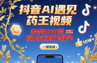 抖音AI遇见药王视频,条条10W赞,快速起千粉万粉号,傻瓜式制作教学-风淘社