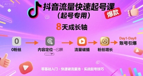抖音流量快速起号课(起号专用),8天带你做爆自己的账号-风淘社