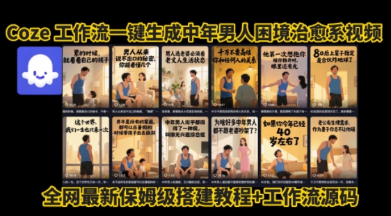 coze工作流一键生成”中年男人困境扎心高涨粉高播放量图文视频”保姆级拆解教程,无需剪辑,无需拍摄写文案-风淘社