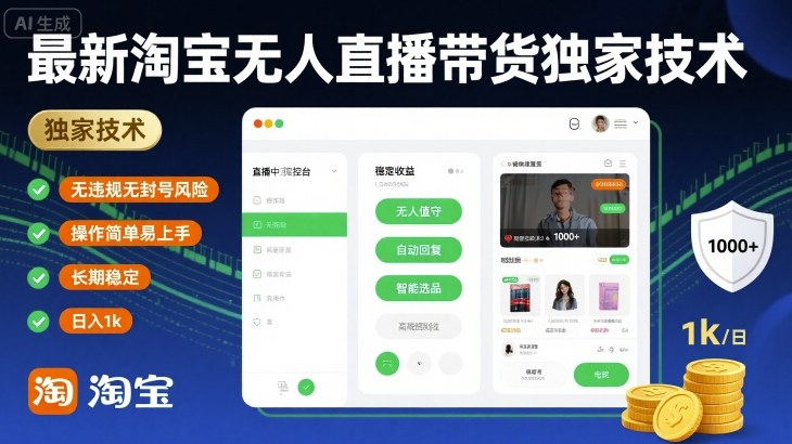 最新淘宝无人直播带货独家技术，无违规无封号风险，操作简单易上手，长期稳定日入1k【揭秘】-风淘社