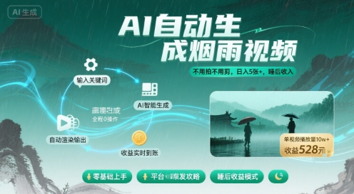不用拍不用剪!AI自动生成烟雨视频,日入5张+,睡后收入-风淘社