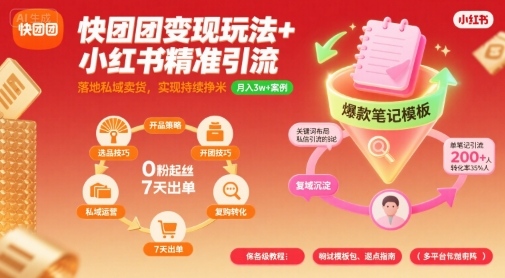 快团团变现玩法+小红书精准引流技巧，助你真正落地私域卖货，实现持续挣米-风淘社