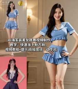 AI海军装美女跳舞视频制作教学，快速涨千粉万粉，视频教程+提示词(绘图词、动作词)-风淘社