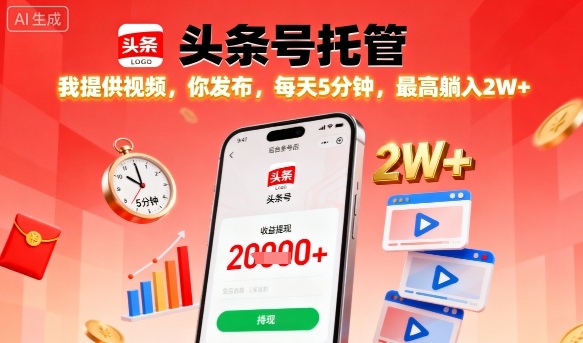 【头条号托管】我提供视频,你发布,每天5分钟,最高躺入2W+【揭秘】-风淘社