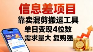 信息差项目，靠卖混剪搬运工具，单日变现4位数，需求量大，复购强，操作简单，几分钟一条视频-风淘社