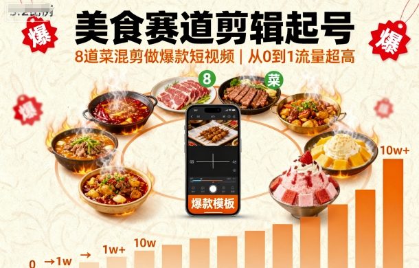 美食赛道剪辑起号，8道菜混剪做爆款短视频，从0到1，流量超高-风淘社