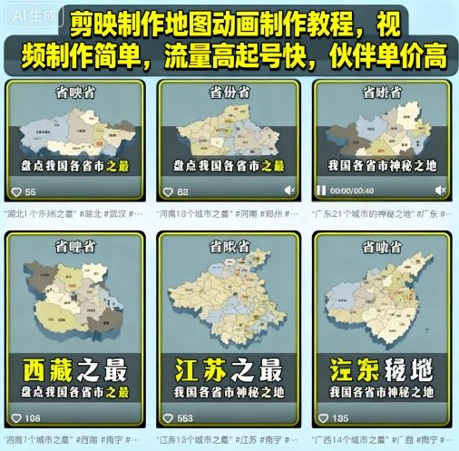 剪映制作地图动画制作教程,视频制作简单,流量高起号快,伙伴单价高-风淘社