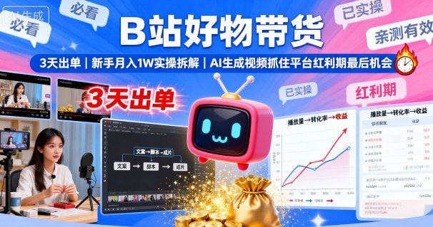 B站好物带货，3天出单，新手月入1W实操拆解，AI生成视频，抓住平台红利期最后机会-风淘社