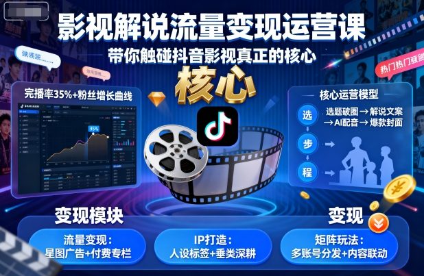 影视解说流量变现运营课，带你触碰抖音影视真正的核心-风淘社