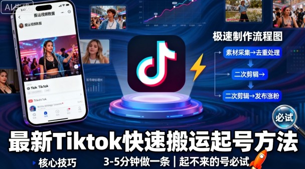 最新Tiktok快速搬运快速起号方法，3-5分钟做一条，起不来的号可以试试-风淘社
