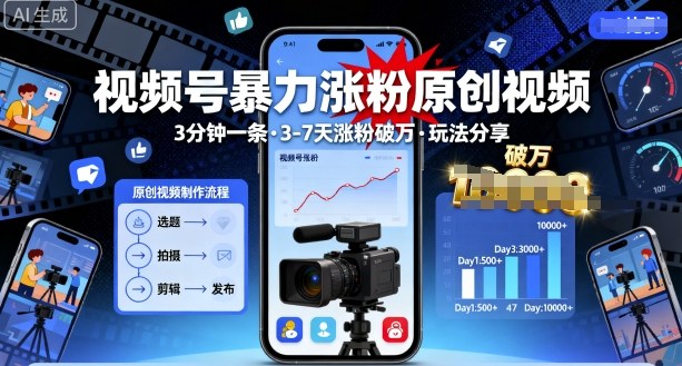 视频号暴力涨粉原创视频，3分钟一条原创视频，3-7天涨粉破万，玩法分享给你-风淘社