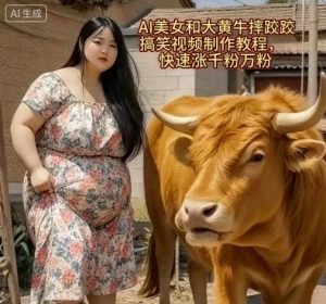 AI美女和大黄牛摔跤搞笑荒诞视频制作教程,快速涨千粉万粉-风淘社